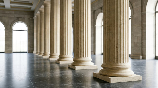 Pristine classical architecture with marble columns and large windows representing transparent governance and institutional strength