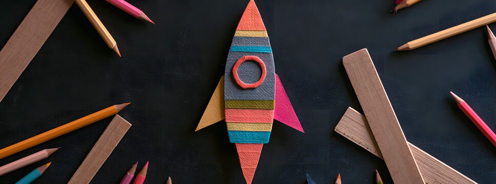 education. Let's revisit the back-to-school theme. Rocket-shaped cutouts from paper are glued over a painted blackboard background. Viewed from above in a flat lay, the scene features a banner