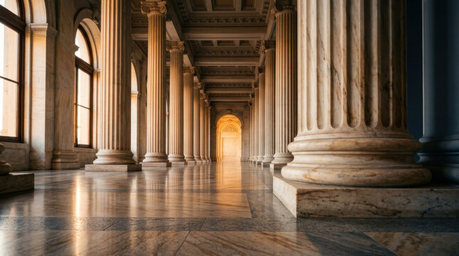 Ornate marble corridor with classical columns leading to warm light representing pathway to legal success