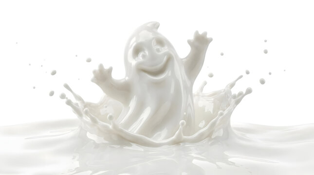 Playful ghost figure emerging from white milk splash