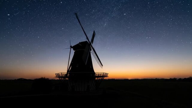 Silhouette of a traditional Dutch windmill standing tall in a serene green landscape against a dramatic sunset sky with soft orange and purple hues showcasing agriculture and landmark beauty