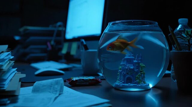 A goldfish swims in a bowl on a desk with a computer and stacks of papers while illuminated by a blue light creating a solitary office late night scene with technology and work elements