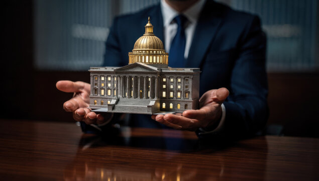 Government policy and corporate governance concept featuring business executive holding classic capitol building model