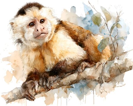 Watercolor painting of a capuchin monkey resting on a tree branch with leaves