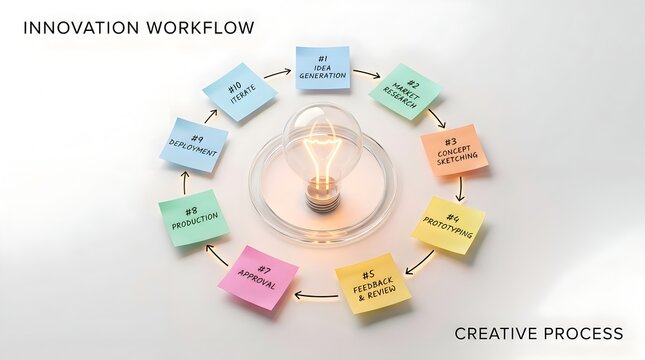 Innovation Workflow Diagram with Light Bulb and Colorful Sticky Notes for Creative Business Process