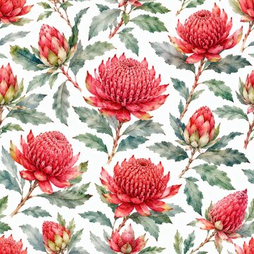 Seamless pattern of watercolor red protea flowers and green leaves