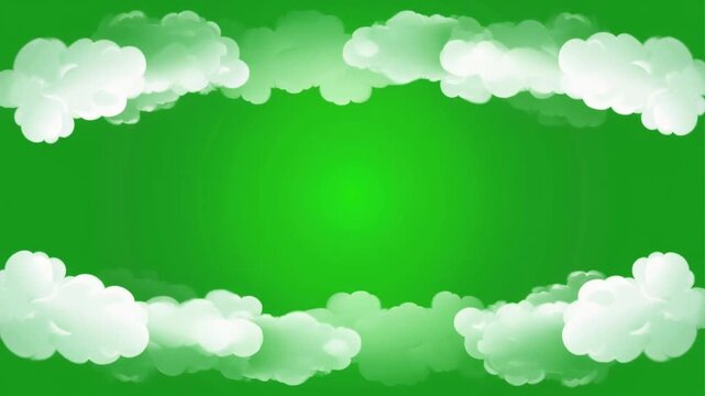 Cartoon white clouds frame on green screen background, keyable motion graphics template with copy space, 4k video
