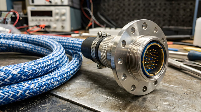 Industrial circular connector attached to blue braided cable rests on metal workbench for technical engineering use.