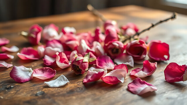 Withered rose petals scattered on a wooden table, stems drooping.
