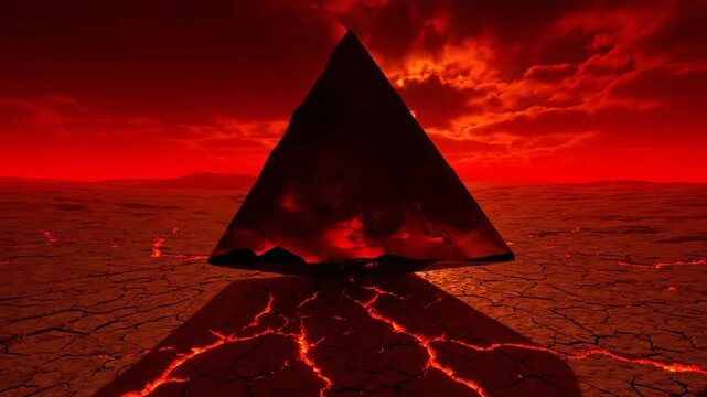 a surreal obsidian pyramid rests on cracked cracked earth with lava glow and dramatic red clouds filling the sky representing a harsh and alien landscape in a concept scene