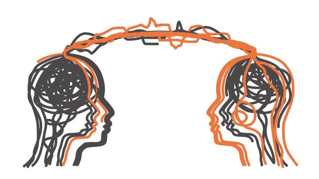 Two human heads facing each other, connected by intertwined flowing lines forming a bridge. Concept of telepathy, mind connection, shared thoughts, empathy and deep communication between people.