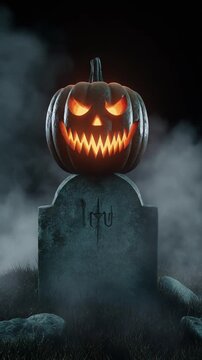 Spooky Jack-o'-Lantern on a Tombstone in the Fog Generative AI