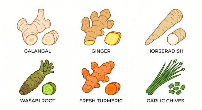 Pungent Roots and Spicy Culinary Aromatics Flat Vector Icon Set
