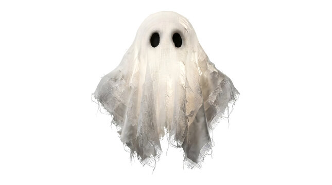 Realistic tattered white sheet ghost floating.