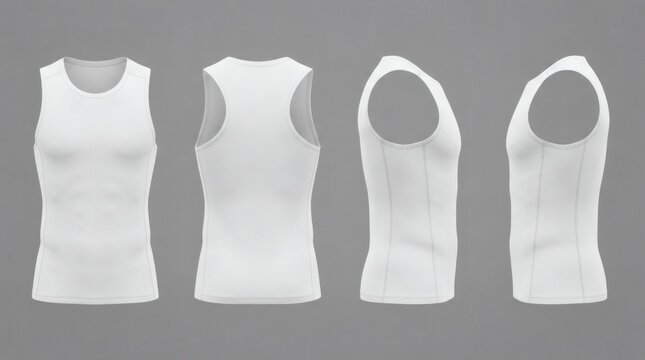 Men's White Sleeveless Compression Top Four Views Front Back Right Side Left Side Stretch Gray

