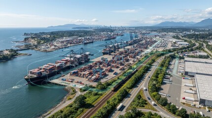Naklejka premium Aerial View Of A Busy Container Port With Ships And Trucks Port Shipping