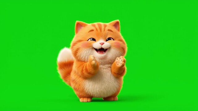 Cute 3D animated orange tabby cat clapping happily on green screen background.