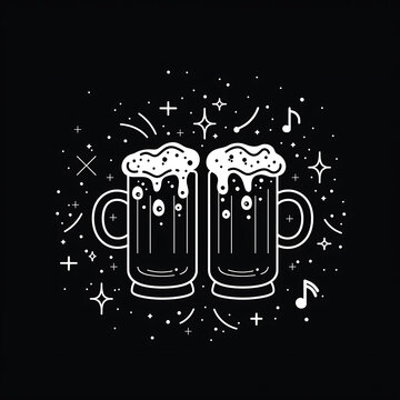 Minimalist white line art beer mugs and music notes on black background for trendy pub menus and night club social media event layouts