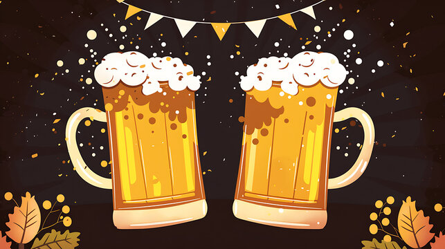 Oktoberfest flat vector beer mugs with bunting and dark background copy space for craft brewery tasting invites and autumn festival ads