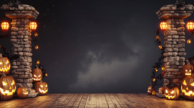 Halloween stone pillars with glowing pumpkins on wooden stage framing central sky copy space for festive event backdrops and product display