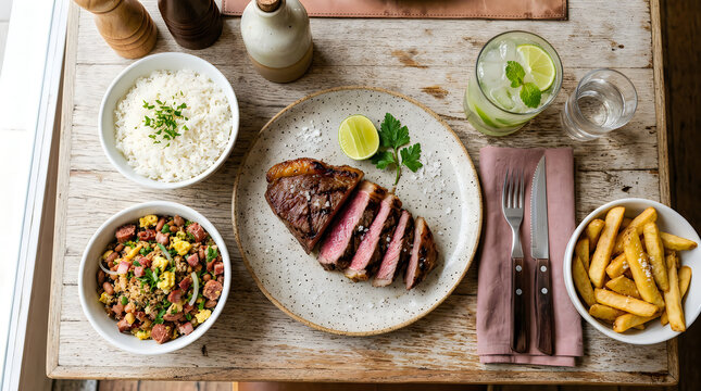 A beautifully presented rustic lunch featuring sliced picanha steak served with rice, feij&atilde;o tropeiro, and golden fried potatoes on a wooden table