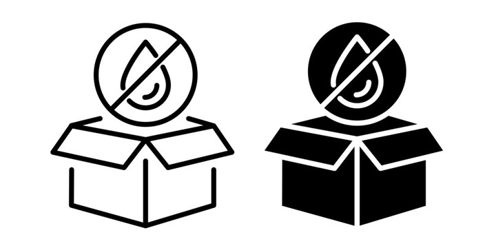Box packaging keep dry, no water icon set, label, logo, badge, sign, symbol, banner, sticker, stamp, emblem, line, black, flat vector, isolated illustration.