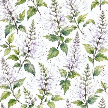 Seamless watercolor pattern with lavender flowers and green leaves