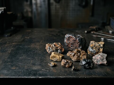 Collection of Mineral and Rock Specimens on Workshop Table
