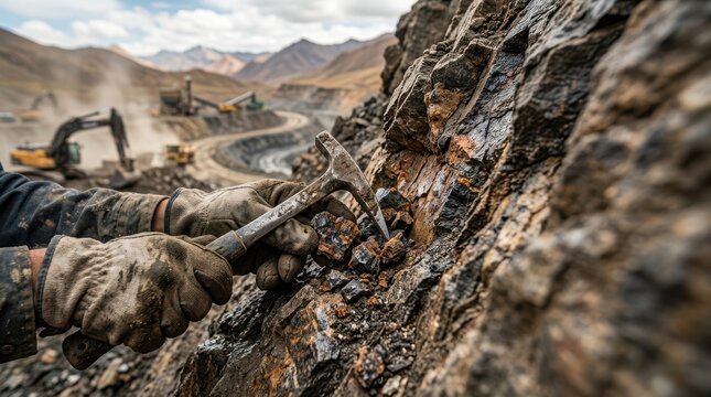 Geologist Examining Rock Samples at Active Open Pit Mine