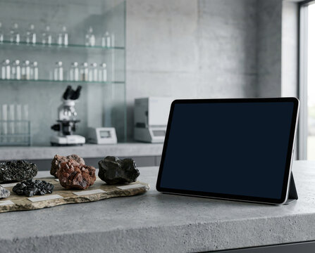 Mineral Rock Samples Beside Tablet in Modern Laboratory