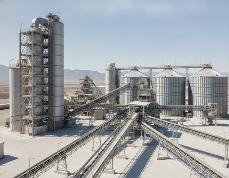 Industrial Mineral Processing Plant With Storage Silos and Conveyors