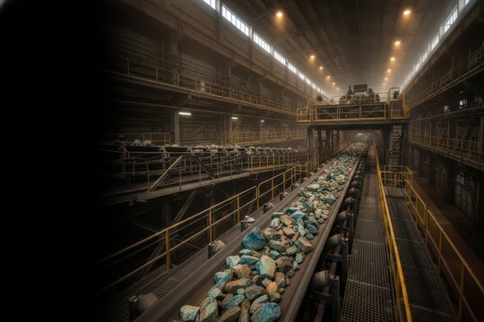 Mineral Rocks Moving Along Industrial Conveyor Processing Line