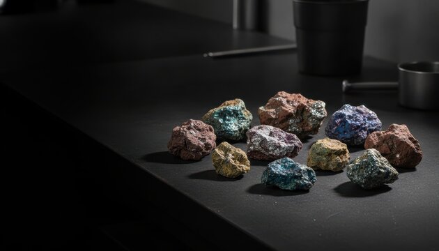 Colorful Mineral Rock Specimens on Dark Laboratory Surface