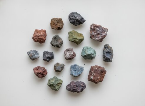 Colorful Raw Rock Specimens Arranged on White Background