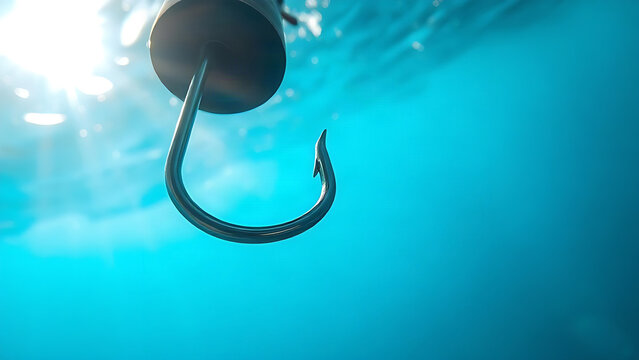 Fishing hook submerged in water, aquatic close-up with light refraction.