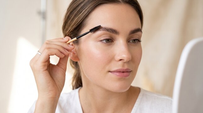 A young woman uses a spoolie brush to shape her eyebrows while looking in a mirror, showcasing a natural morning beauty and skincare routine.