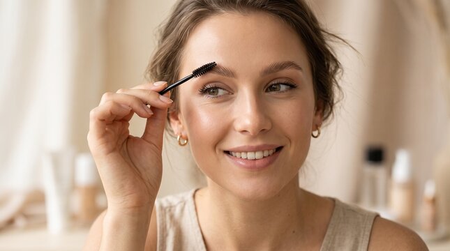 A smiling young woman uses an eyebrow brush to groom her brows, part of her daily beauty and makeup routine in a soft-lit indoor setting.