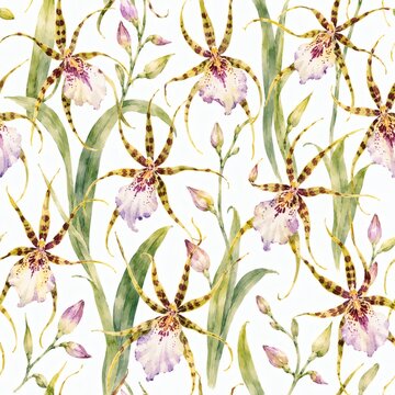 Seamless pattern of exotic orchids with green leaves in watercolor style