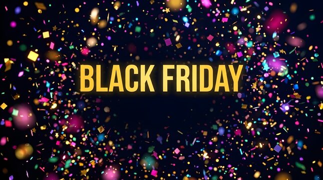 Black friday text with colorful confetti background
