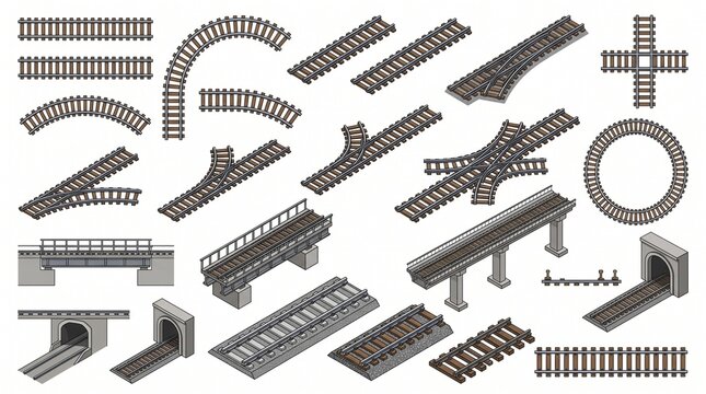 Train Tracks Vector Collection, Railway Rails, Curved Tracks, Junctions, Crossings and Railroad Infrastructure Illustration