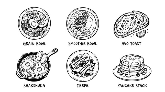 Hand drawn modern breakfast brunch culture icons grain bowl smoothie bowl avo toast shakshuka crepe pancake stack, black ink sketch vector illustration

