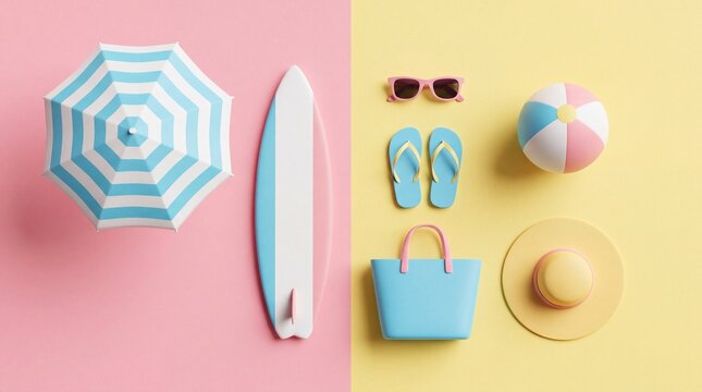 Summer beach accessories knolling flat lay with surfboard umbrella beach bag flip flops and hat on pink and yellow background