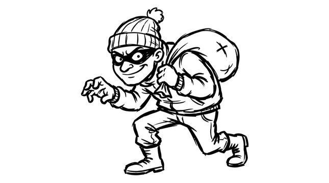 Cartoon burglar sneaking with sack of stolen goods.