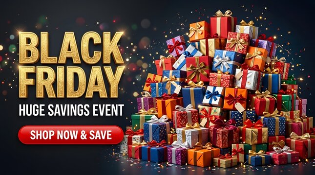 Black friday huge savings event with a pile of colorful gift boxes