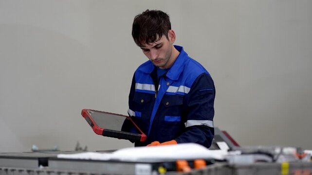 Mechanic technician in uniform uses tablet during workshop maintenance for electric car battery inspection with garage repair service notes and indoor vehicle diagnostics