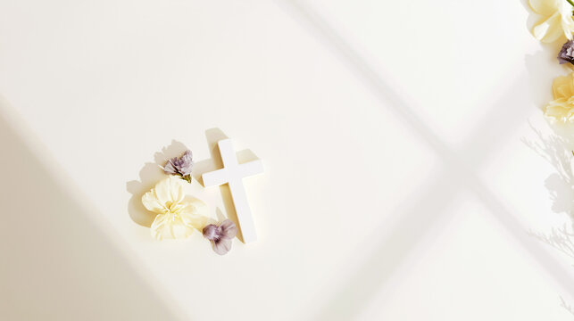 Minimal Christian Easter Background with White Cross, Flowers and Copy Space