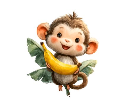 Cute cartoon monkey holding a banana with green leaves