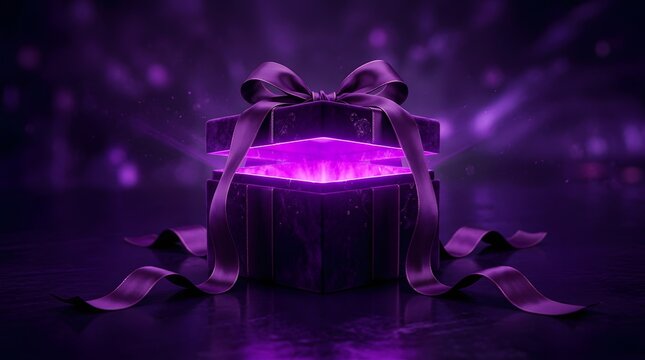 Mysterious glowing purple gift box with a ribbon on a dark background