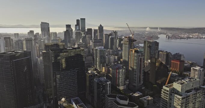 Seattle Washington Aerial v208 morning flyover above Belltown, downtown and the waterfront toward Sodo industrial district and the bay - Shot with Mavic 3 Pro Cine - Oct 7th 2023