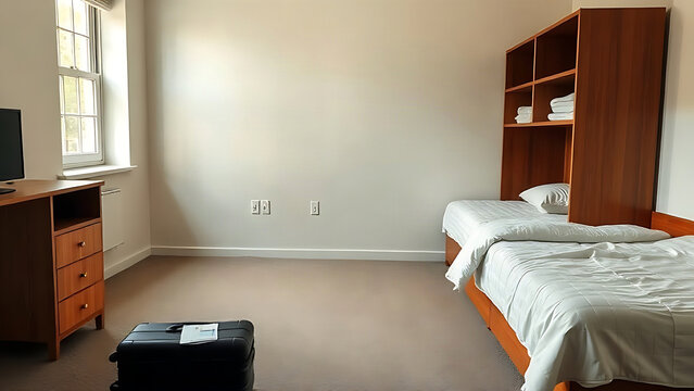 An empty dorm room with a neatly made bed and an open suitcase.